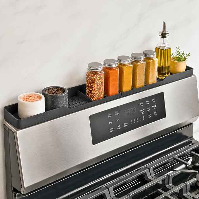 TEO Silicone Magnetic Stove Top Shelf, Over the Stove Spice Rack, Black | 30 Inch, Over Oven Shelf, Built-in Magnets, Heat-Resistant, Dishwasher Safe, Kitchen Spice Storage Organizer