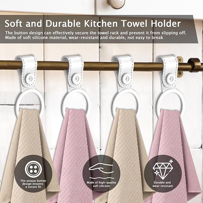 4 Pack Silicone Kitchen Towel Holder, Hanging Kitchen Towels; Dish Towel Holder for Cabinet, Oven, Stove, Sink – Durable, Non-Slip Design for Easy Hanging (White)