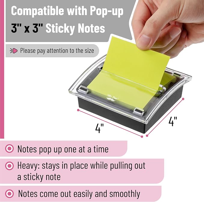 Mr. Pen- Pop Up Note Dispenser, 3" x 3", 2 Pack, Black Base, Clear Top | Sticky Note Dispenser, Sticky Note Holder for Desk