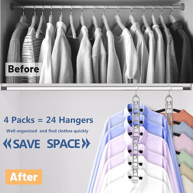 Clothes Hangers Space Saving, Newly Upgraded Detachable Shirt Hangers, 6-Tier Foldable Coat Hanger with 360° Swivel Hook for Closet Organizers and Storage Shirt,Sweater,Suit - 4 Pack, Patent Pending