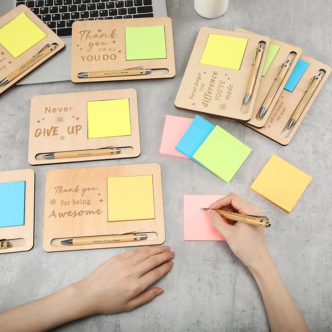 Kosiz 10 Set Back to School Teacher Gifts Bulk Wooden Motivational Sticky Note Holder with Notes and Ballpoint Pens Thank You Appreciation Gifts for Teacher Back to School Party Supplies