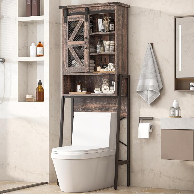 kepptory Over The Toilet Storage Cabinet with Sliding Barn Door, Over Toilet Bathroom Organizer with Adjustable Shelves and Metal Frame, Farmhouse Space Saver The Toilet Rack (Brown)