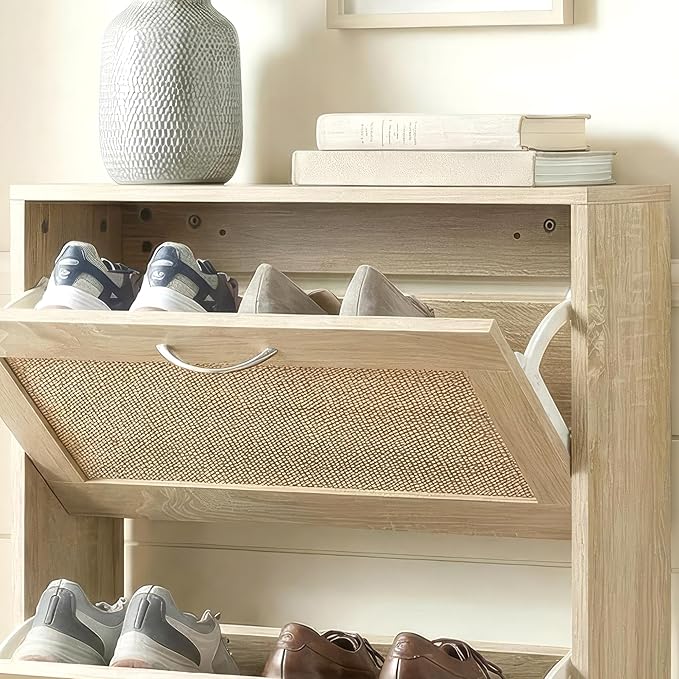 HOPUBUY Shoe Cabinet for Entryway, Narrow Shoe Storage with 3 Flip Drawers | Wood Slim Shoe Rack, 3 Tier Thin Shoe Organizer for Home and Apartment,Nature Rattan