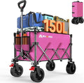 Blomoba Collapsible Wagon Cart, 150L Heavy Duty Foldable Beach Wagon with Wider Wheels & Auto-Rebound Handle, Utility Grocery Shopping Cart for Garden, Shopping, Camping, Sports, Pink