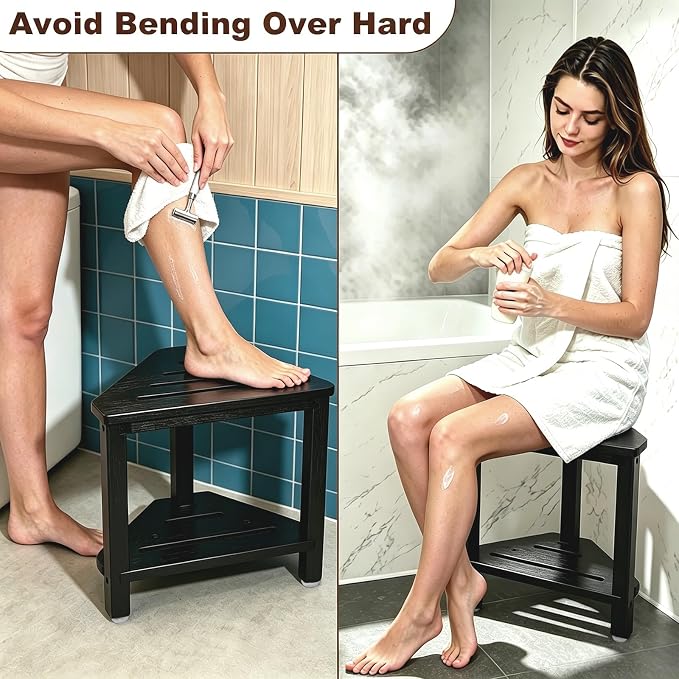IBosins Corner Shower Stool with Storage Shelf Shower Foot Rest for Shaving Legs Small Bench for Inside Shower to Sit on Bath Seat - Acacia Wood, Black
