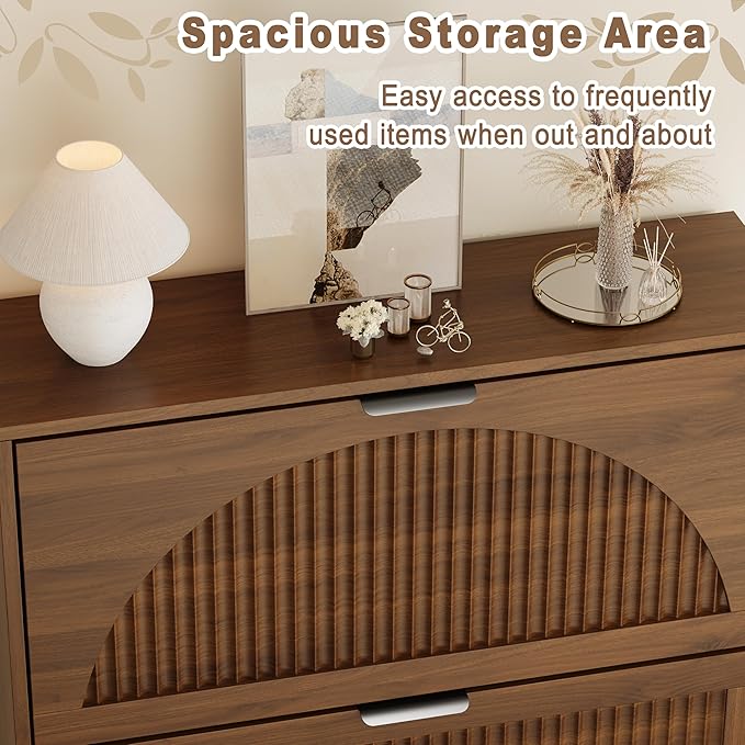 Shoe Storage Cabinet with 3 Flip Drawers, Narrow Wood Shoe Organizer Cabinet with Fluted Panel, Slim Shoe Rack for Entryway, Freestanding Shoe Cabinet for Living Room, Hallway, Walnut