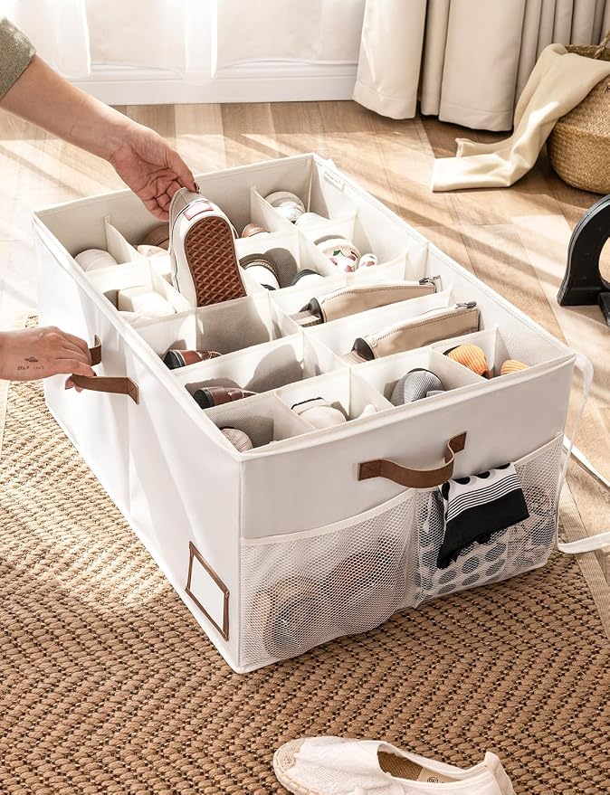 StorageWorks Large Shoe Storage for Closet, 16 Shoe Cubbies, Beige | Up to 20 Pairs, Fixed Compartments, Clear Lid, Label Window, Side Mesh Pocket, Soft Handles, Fits Flats, Sandals, For Mudroom