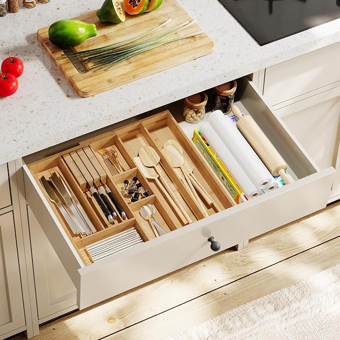 HOOBRO Large Silverware Organizer Kitchen Drawer Organizer, Magnetic Connected Expandable Utensil Organizer From 22.8 to 35.4 Inches, Bamboo 16 Slots Cutlery Tray with Knife Holder, Natural YL07TL01