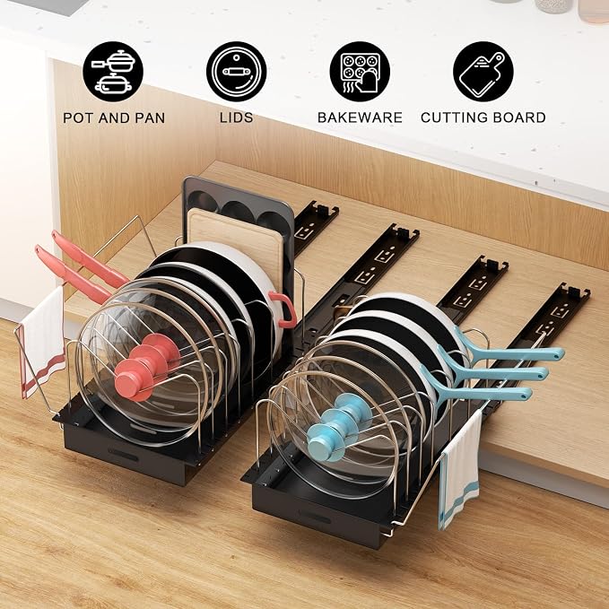 Golener Pots and Pans Organizer Under Cabinet, Pot Lid Holder, 2 Pack | No Drill Slide-Out Pan Organizer with Adjustable Dividers & Handle Bracket, Pan Storage Inside Cabinet for Kitchen