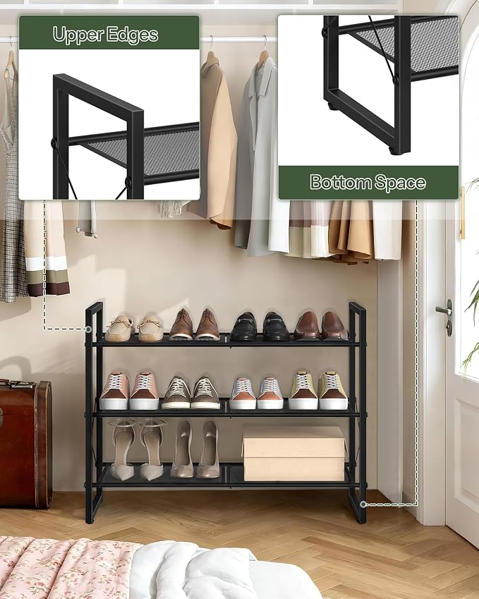 CHOEZON Shoe Rack, 3-Tier Shoe Rack for Closet, Metal Shoe Storage Organizer, Shoe Rack for Entryway, Shoe Shelf with Adjustable Feets, for Entryway, Hallway, Living Room, Bedroom, Black TXJ13BB