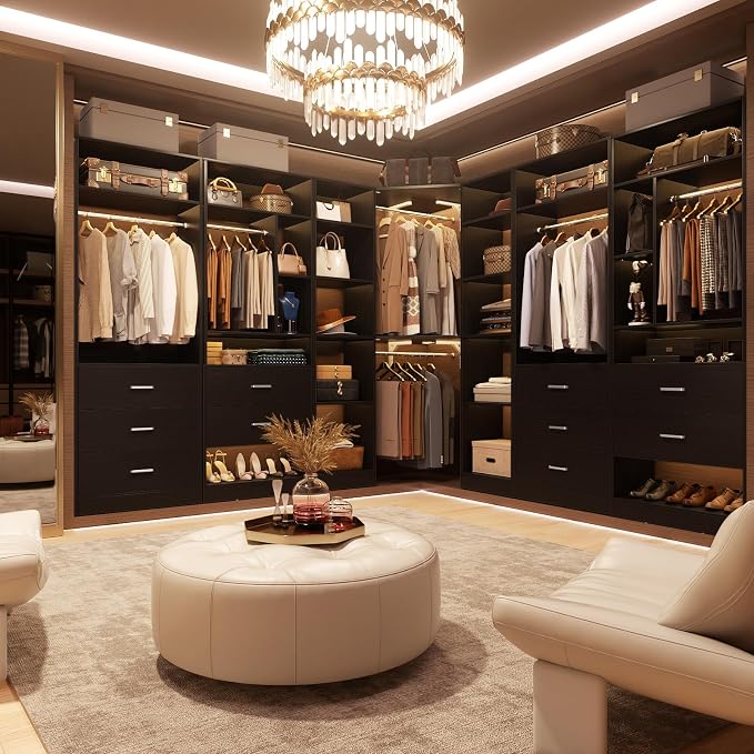 Besiost Corner Closet System with 12 Shelves, 39.2" Corner Closet Organizer System with 2 Hanging Rods, Versatile 6-Tier Walk-in Closets for Corner Space, Black (39.2" L x 39.2" W x 80" H)