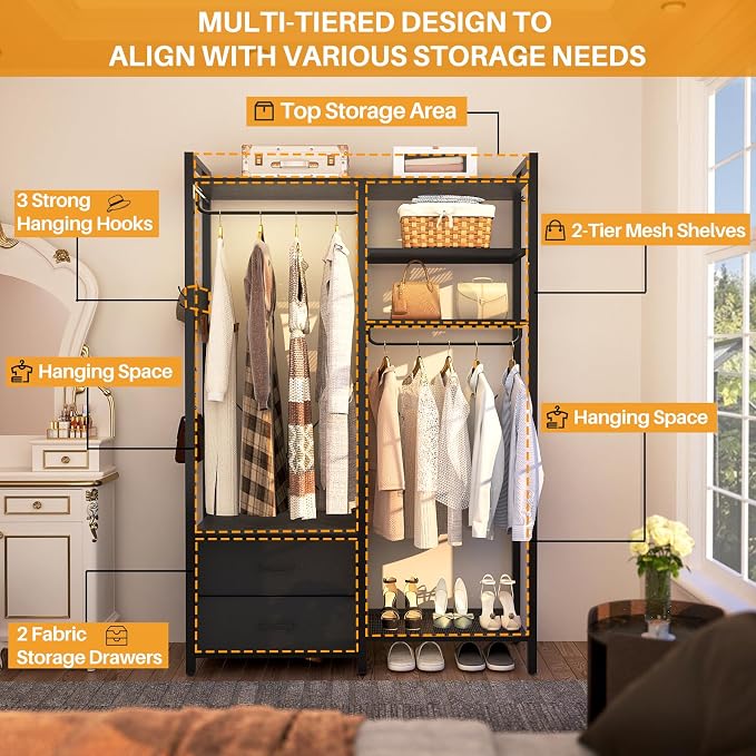 78.7'' Clothes Rack for Hanging Clothes - Reversible Clothing Rack with 2 Drawers, Heavy Duty Garment Racks with Shelves, 6 Tiers Freestanding Portable Closet Wardrobe System with Hanging Hooks, Black