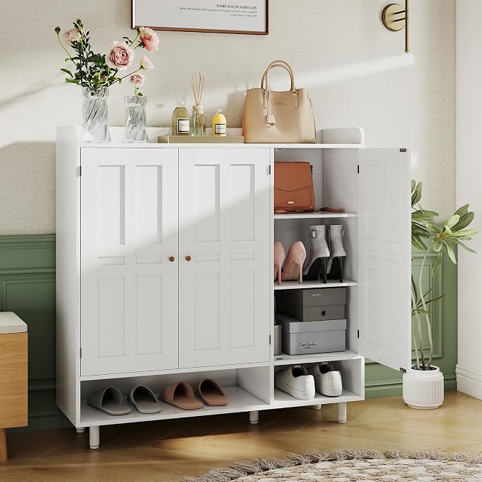 Shoe Cabinet with 3 Doors and Adjustable Shelves, Large Shoe Storage Cabinet for 24–30 Pairs, Modern Farmhouse Shoe Organizer with Open Bottom Shelf for Entryway, Living Room, White