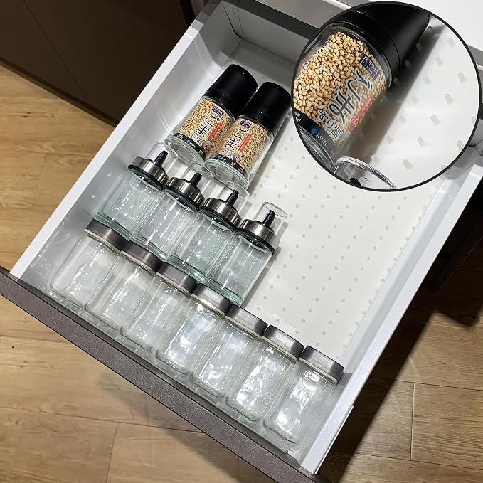 Gosmol Spice Drawer Organizer Insert - Silicone Spice Drawer Liner White | Adjustable non-slip liner organizer; in-drawer spice rack for seasoning jars, spice bottles, flat kitchen drawer organizer