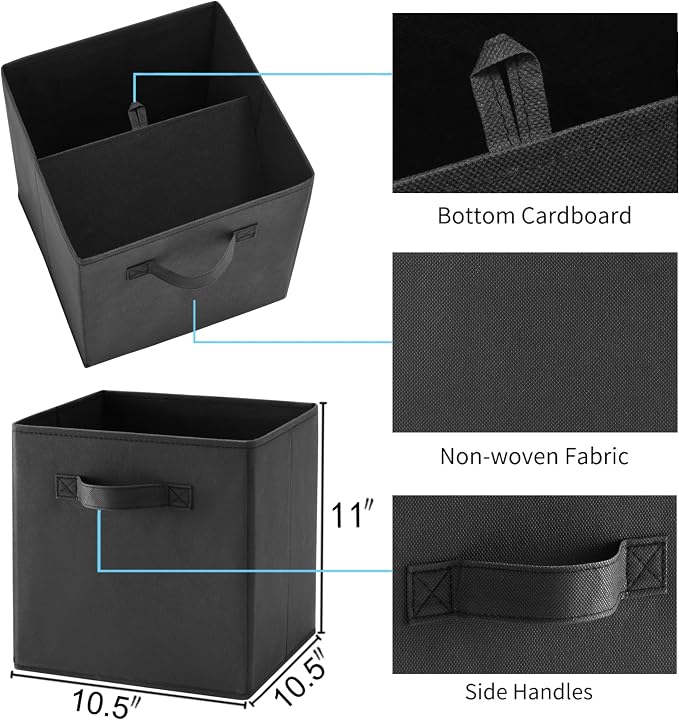 MAX Houser Fabric Cloth Storage Bins,Foldable Storage Cubes Organizer Baskets with Dual Handles for Home Bedroom Storage,Set of 6(Black)