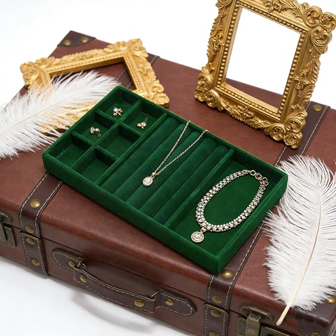Velvet Jewelry Organizer Trays Dark Green Stackable Jewelry Storage Display Tray with Removable Dividers, 3-in-1