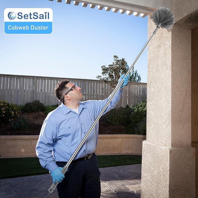 SetSail Cobweb Duster with Extension Pole, Retractable Dusters for Cobweb Cleaning 90-inch Long Handle Spider Web Brush for Outdoor Indoor High Ceilings, Grey
