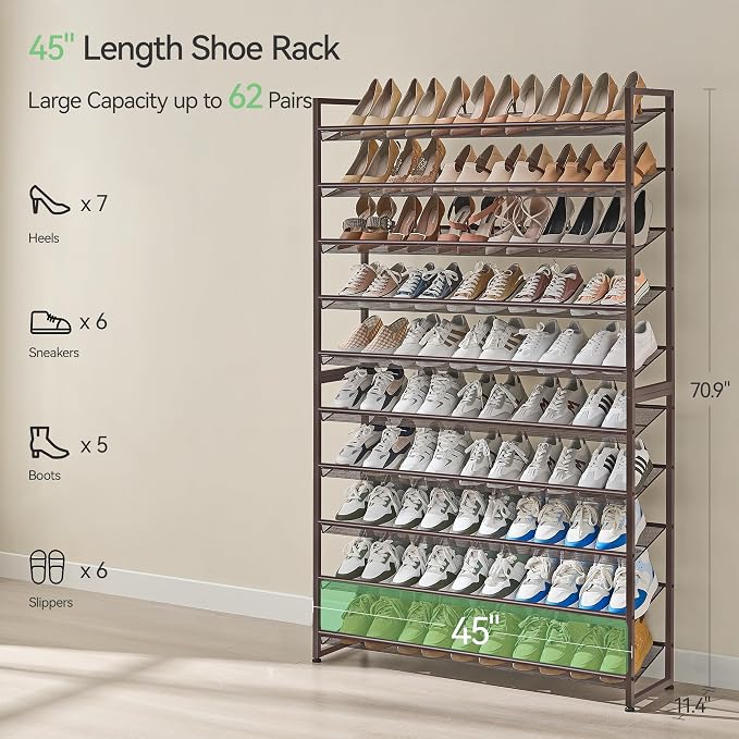 Nunsino Shoe Rack, Long Shoe Organizer,Max Holds 62 Pairs,10 Tier Metal Shoe Storage Shelf,5-Tier Stackable Shoes Organizer for Garage, Entryway,Bronze