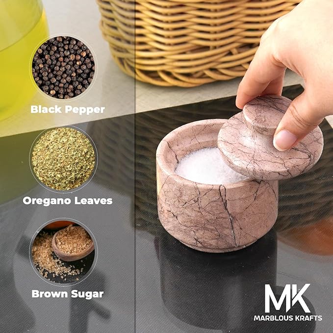 MARBLOUS KRAFTS Marble Salt Cellar 3 Inch Salt Holder With Lid for Spice Jar & Stone Salt Container, Modern Sugar Bowl (Marinara)
