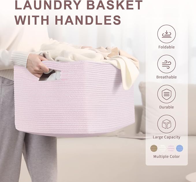 72L Large Woven Laundry Basket Hamper with Handles, Pink | 22"x17"x12", collapsible wicker hamper, storage for dirty clothes, toys, blankets, gifts, living room, bedroom, bathroom