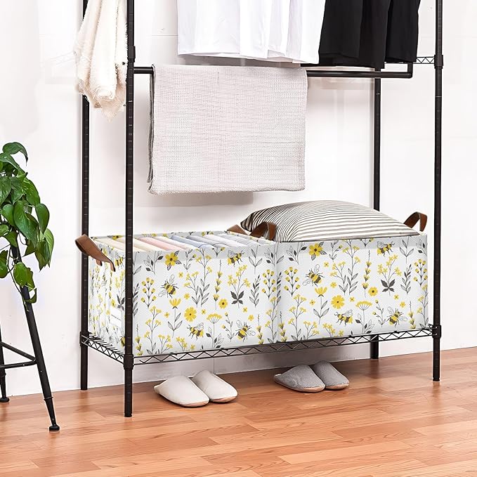 Yellow Wildflower with Bee Storage Basket Foldable Cube Storage Bins with Handles&Labels Waterproof Collapsible Organizer Box Bin Large Decorative Baskets for Shelves Home Living Room Closet, 2 Pack