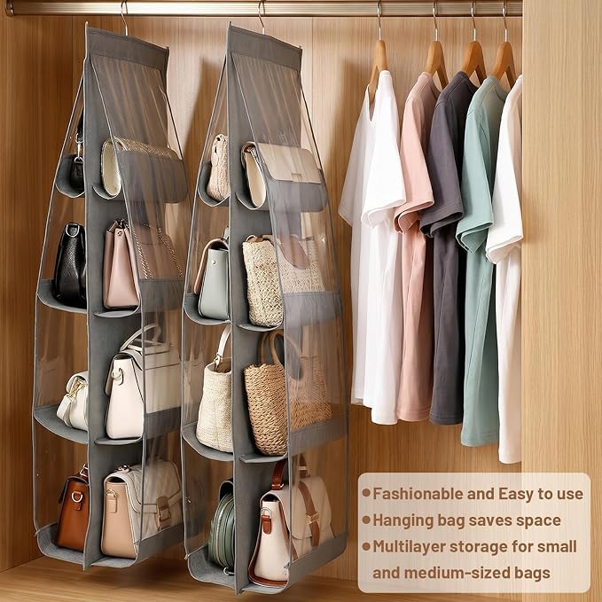 4 Pack Purse Organizer for Closet, Hanging Handbag Storage with 8 Clear PVC Pockets, Purse Organizer for Wardrobe Door Wall, Gray 41x13.5x12.6 Inch