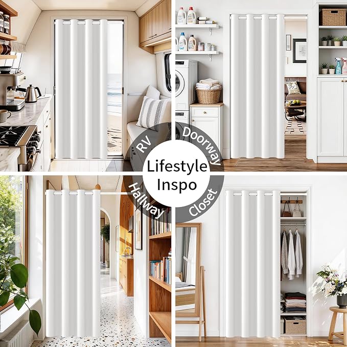 Vatge Magnetic Doorway Curtains with Rod - W42 x L80, 1 Panel, Grayish White, Light Filtering Door Curtain, Closet Door Alternatives, Easy to Install