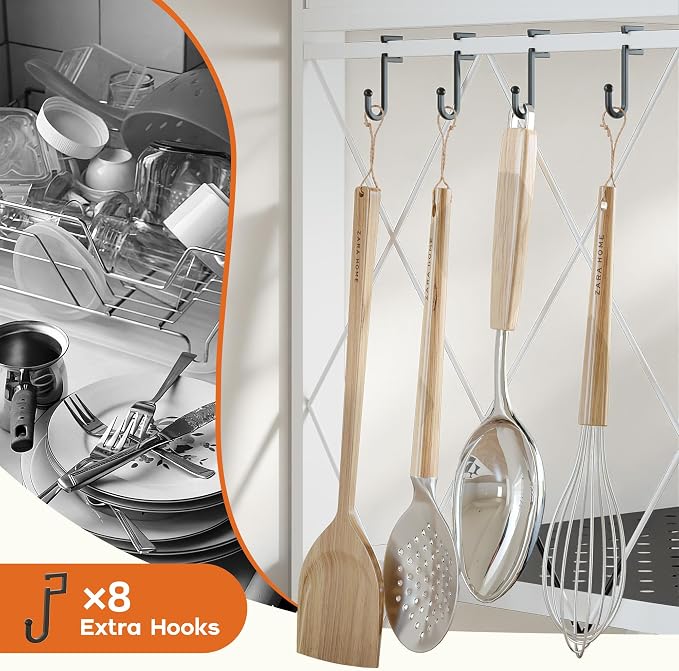 Fenbeli Foldable Shelves with Wheels - 4 Tier Folding Shelf, Collapsible No Assembly Metal Shelving Unit, Origami Storage Shelves & Rolling Storage Rack with 8 Hooks for Kitchen Pantry Garage