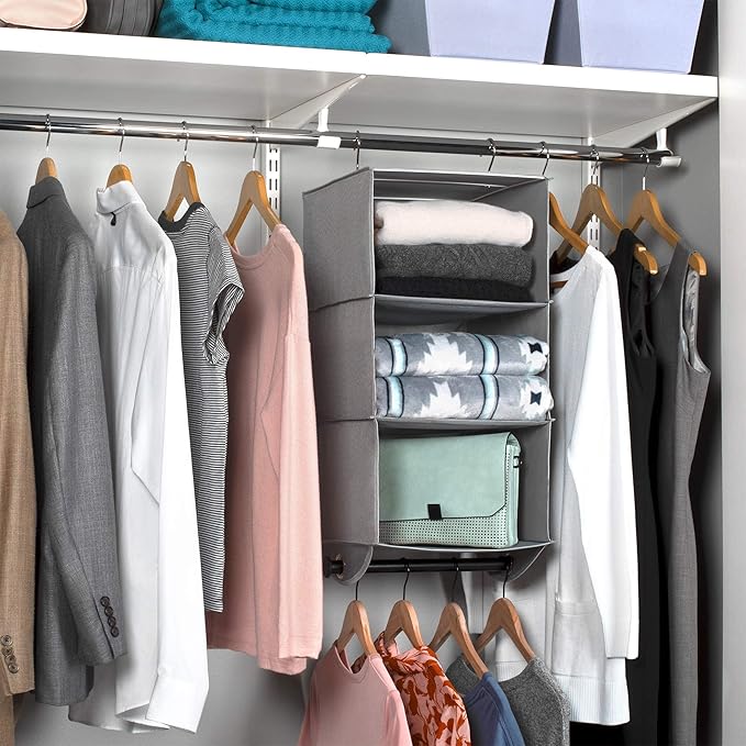 HOLDN’ STORAGE Hanging Closet Organizer with Garment Rod – Heavy Duty 3-Shelf Hanging Shelves for Clothes, Sweaters & Shoes, Reinforced 600D Fabric Storage Unit with Built-in Clothing Rod, Grey