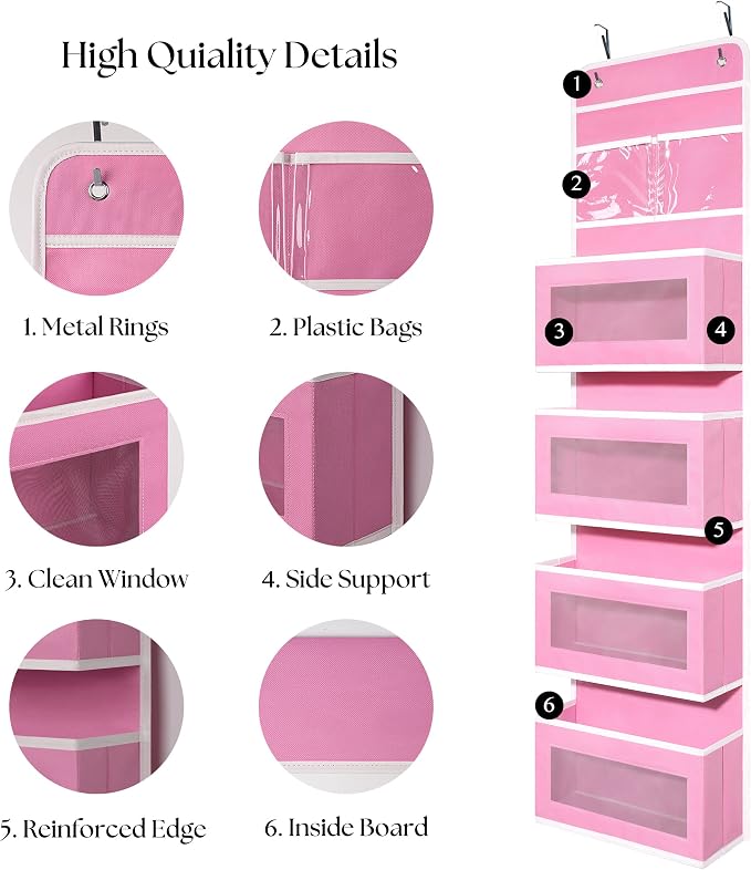 Giraffe Creation Pink Over Door Organizer with 4 Large Clear Pockets, Hanging Door Storage for Nursery, Bedroom, Bathroom, Closet, Toys, Diapers, Cosmetics, Baby Essentials