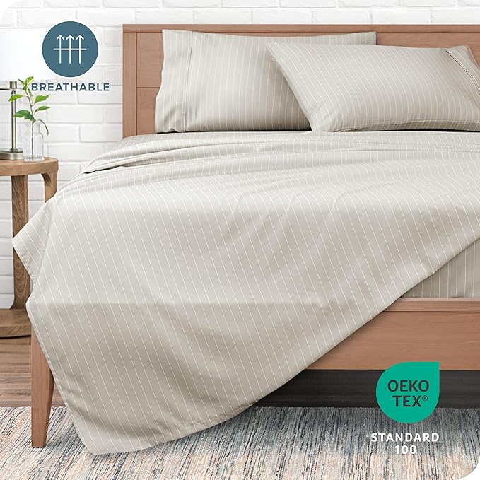 Bare Home Twin XL Sheet Set - College Dorm Size - Luxury 1800 Ultra- Soft Double Brushed Microfiber - Deep Pockets - Easy Fit - 3 Piece Bedding Sheet Set (Twin XL, Pinstripe - Stone/White)