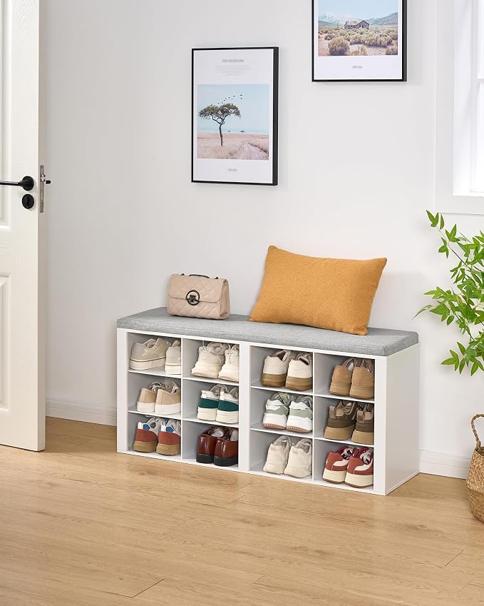Hzuaneri Shoe Storage Bench, Entryway Shoe Rack with Cushion and Cubbies | entryway shoe rack bench cabinet with 12 cubbies and adjustable shelves for bedroom, living room, White SB19003GY