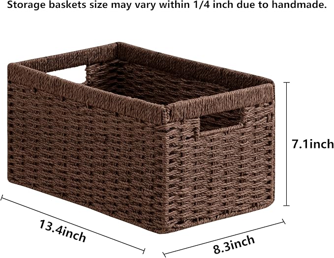 joybest Wicker Storage Baskets, 2pack Hand-Woven Paper Rope Wicker Baskets for Organizing, Foldable Rectangular Storage Organizer Bins for Shelves with Built-in Handles 13.4L x 8.3W x 7.1H, Dark Brown