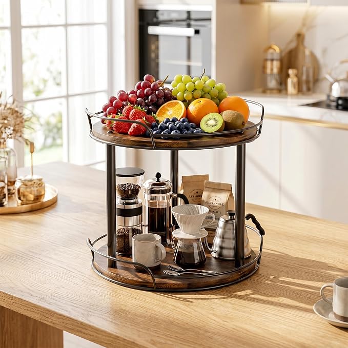 10'' Rotating Spice Rack, 2-Tier Lazy Susan Turntable Organizer | Wooden, for Cabinet, Table Top, Kitchen Countertop, Pantry, Bathroom, Vanity, Home Decor