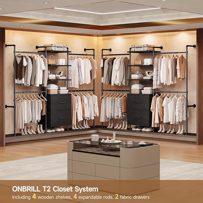 ONBRILL T3 Wall Mounted Industrial Pipe Closet Organizers Storage System | Metal Clothing Rack with 2 Drawers, 6 Wooden Shelves & 4 Expandable Rods, Heavy Duty Garment Rack, Wardrobe (Black)
