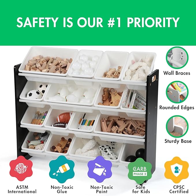 Humble Crew Toy Storage Organizer with 16 Removable Storage Bins for Kids Playroom, 4-Tier Toddler Toy Organization and Storage, Espresso/White