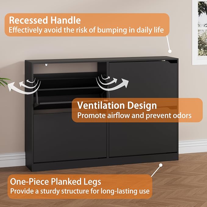 Shoe Storage Cabinet, Wood Shoe Organizer for Entryway with 3 Flip Drawers, Freestanding Shoe Rack with Adjustable Shelf, Narrow Shoe Dresser for Front Door Entrance (Black, 4 Drawers)