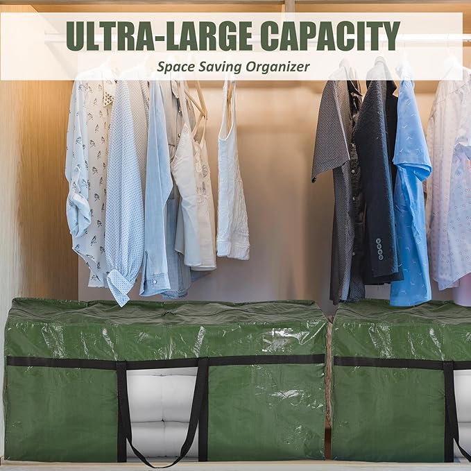 4 Pack 66 Gallon Extra Large Moving Bags with Visible Window XXL Heavy Duty Storage Bag Jumbo Big Tote for College Dorm Clothes Blankets Space Saving Alternative to Moving Boxes(Army Green)