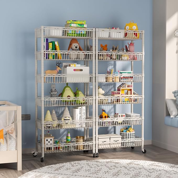 SINGAYE 6 Tier Shelf Wire Shelving Adjustable Storage Shelves Basket Rack | Adjustable Shelves with Wheels Metal Storage Unit Closet Bathroom Organizers Pantry Kitchen Garage Laundry Room White