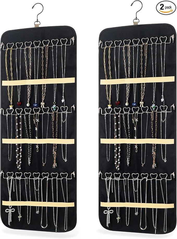 2 Pack Hanging Jewelry Organizer Storage with 48 Pockets and Hooks Dual-Sided Hanging Jewelry Organizers and Storage Hang on Closet, Wall, Door for Earrings, Necklaces, Rings,Blcak