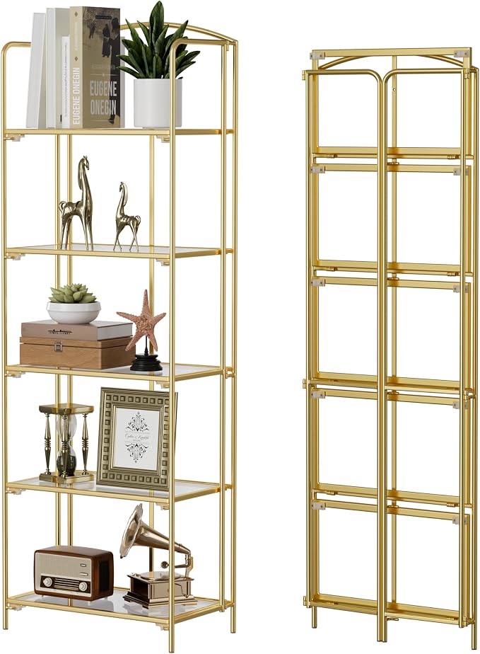 Crofy 5-Tier Foldable Bookshelf, Gold Frame & Transparent Shelves | No-Assembly Collapsible Portable Storage Organizer; Sturdy Transparent Shelves; Ideal for Living Room & Home Office