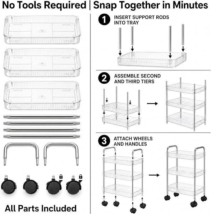 3 Tier Rolling Cart with Lockable Wheels, Clear Acrylic Slim Utility Cart, 13" x 8.3" x 26" Narrow Storage Organizer for Bathroom, Kitchen, Office - Lightweight & Tool-Free Assembly (Clear)