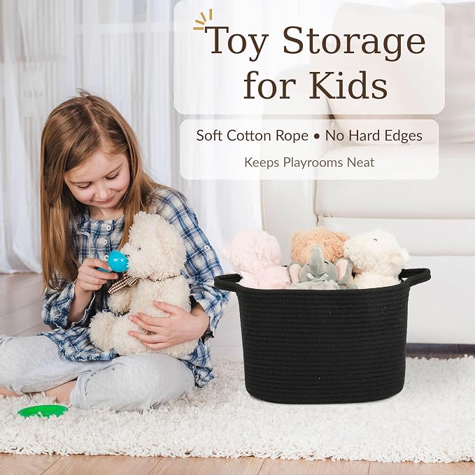 XUANGUO Woven Cotton Rope Storage Basket with Handles 13x10x9 inch Black | Woven cotton rope basket for shelves and closets. Perfect for toys, books, clothes, nursery storage and gift baskets.