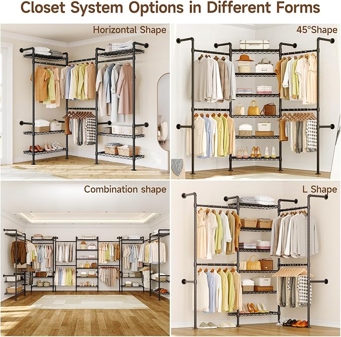 L3 Wall Mounted Metal Pipe Closet System Heavy Duty Corner Garment Rack | Max Load 950LBS with 4 Telescopic Rods & 6 Wire Shelves Black Industrial Modular Clothing Clothes Rack Wardrobe Closet