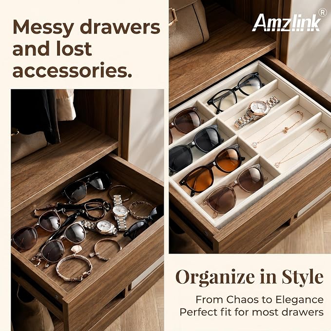 Amzlink® Sunglass Organizer Tray, 8 Slot Velvet Glasses Holder for Eyeglasses, Sunglasses, Jewelry & Watch Display, Men's/Women's Drawer Dresser Vanity Nightstand Storage, Beige
