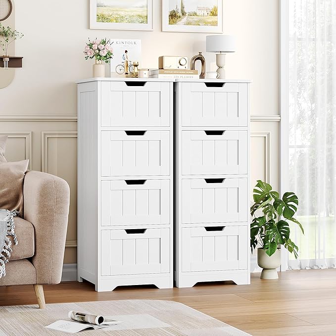 FOTOSOK Bathroom Storage Cabinet, Bathroom Cabinet with 4 Drawers, 11.8 x 11.8 x 32.5 Inches Small Bathroom Storage Cabinet, Freestanding Floor Bathroom Organizers and Storage for Entryway, White