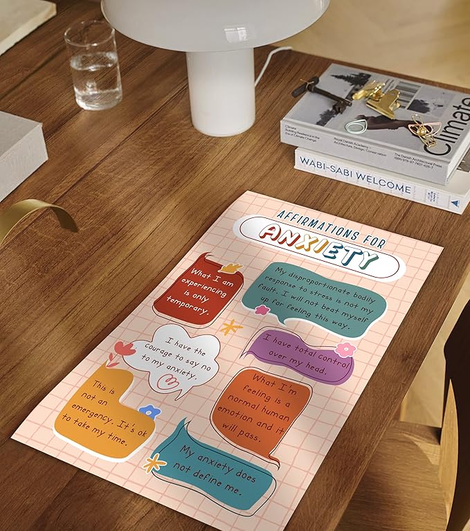 LOLUIS Mental Health Poster, Boho Therapy Tools Educational Supplies Art Print Classroom School Office Decor (Affirmations for Anxiety, Custom Frame Type)