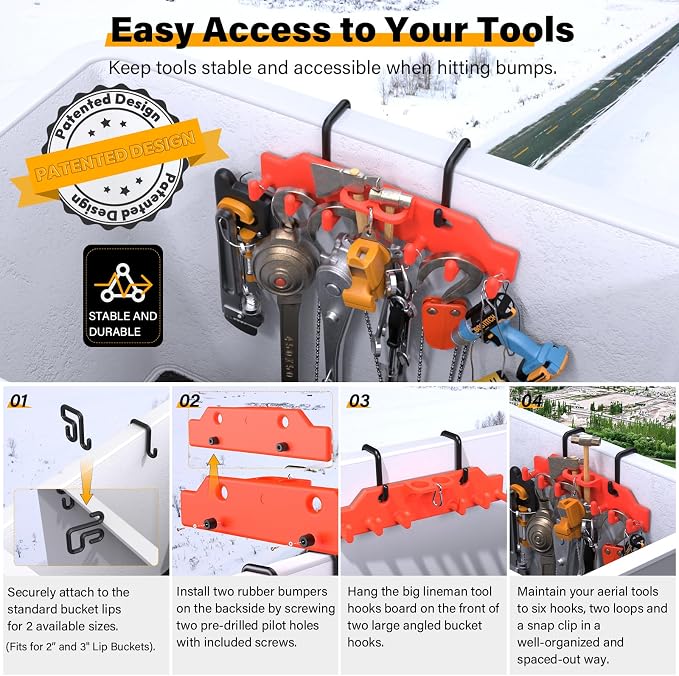 Lineman Tool Board, Bucket Truck Hook Organizer, Line Work Buckets Accessories,Tool Organizer for Bucket Trucks and Lineman, Including Two 3” Aerial Bucket Hooks and Two 2” Aerial Bucket Hooks.
