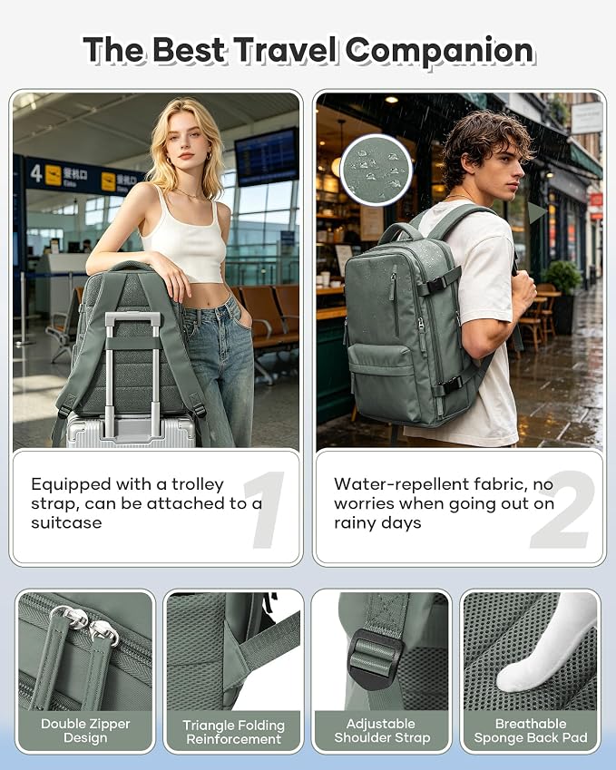 Travel Backpack Women,Carry On Backpack Flight Approved 18x14x8 inches Bag Spirit Airlines Personal ltem,College Sports Hiking Rucksack Waterproof Outdoor Casual Daypack Laptop Blackpack Men,Green