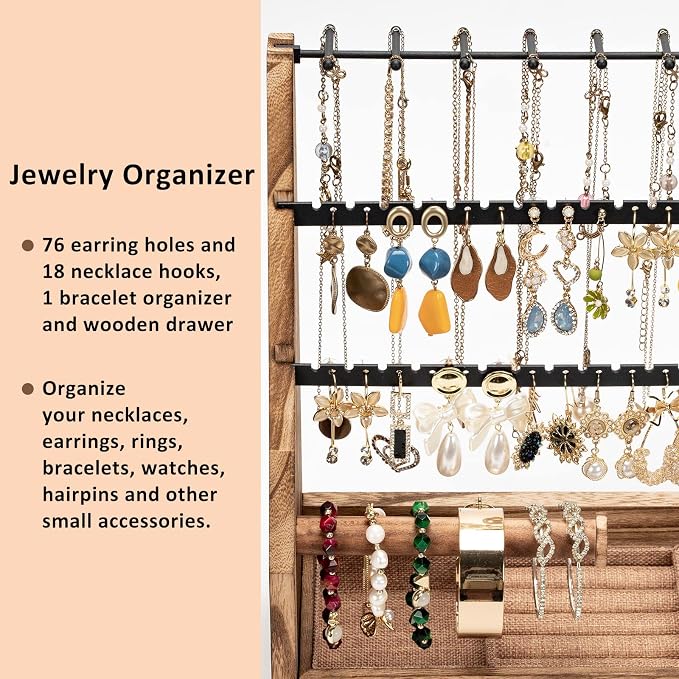 DGWJSU Jewelry Organizer Stand, 5 Layer Earring Holder Organizer with Necklace Holder, Rustic Wood Earring Organizer Display for Stud Earring Bracelet Necklace Ring, Watches